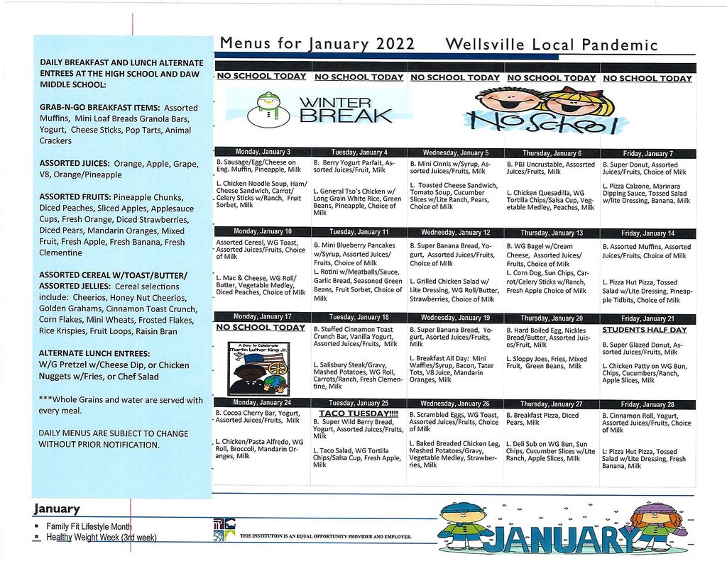 Menus for January 2022